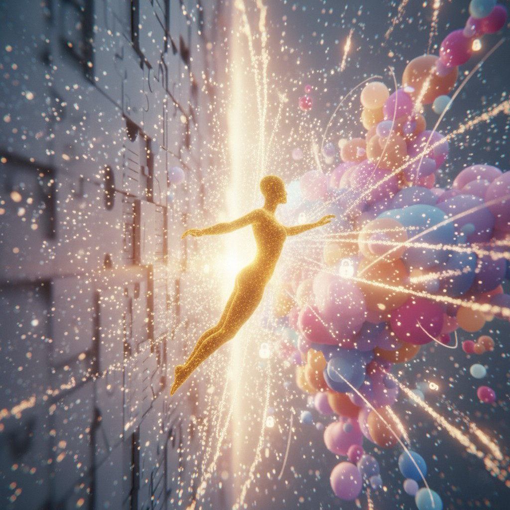 A stylized etherial human like form transcending the 
                        physical world toward a whimsical space filled with colourful 
                        bubbles and particles of light. 